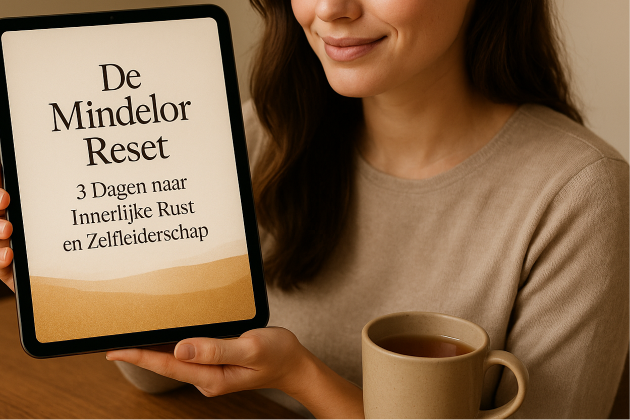 Een premium productfoto van een mooie jonge vrouw met een natuurlijke, ontspannen uitdrukking die een Apple iPad Pro vasthoudt waarop het e-book "De Mindelor Reset - 3 Dagen naar Innerlijke Rust en Zelfleiderschap" zonder komma's duidelijk zichtbaar is, in een warme, minimalistische setting met perfect licht