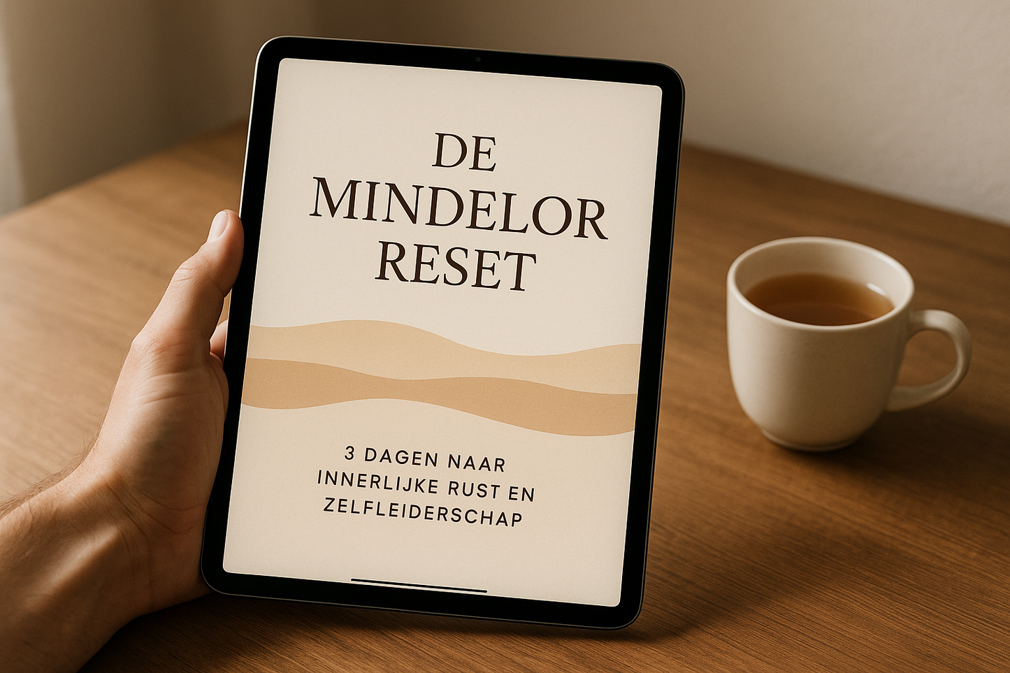 Een realistische productfoto van het e-book "De Mindelor Reset - 3 Dagen naar Innerlijke Rust en Zelfleiderschap" op een iPad Pro vastgehouden door een mannelijke hand, met een kop thee op tafel in een warme, minimalistische setting