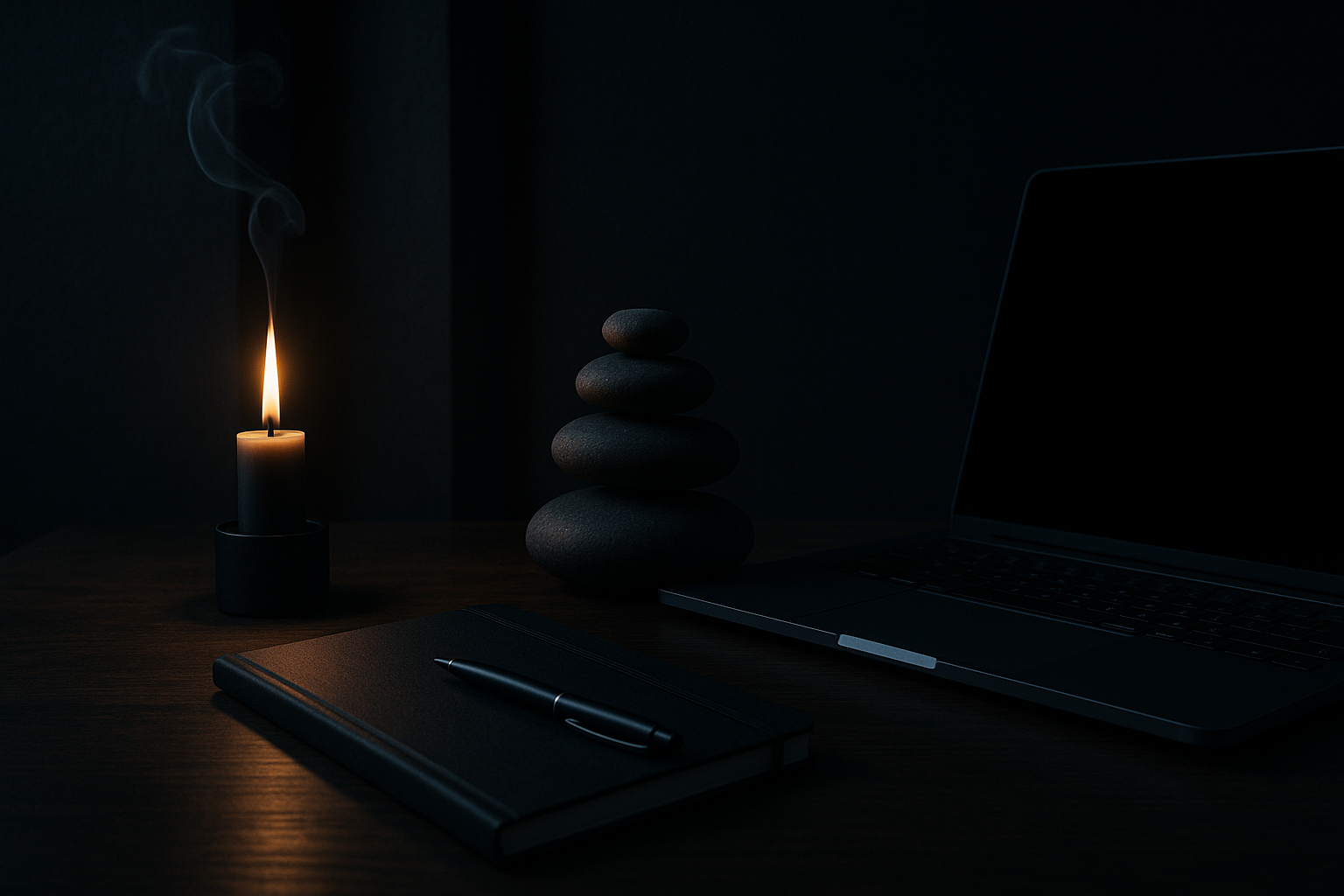 Een krachtige, minimalistische afbeelding met donkere tinten, subtiele verlichting, gestapelde stenen, en een werkruimte met laptop die mentale kracht en focus uitstraalt
