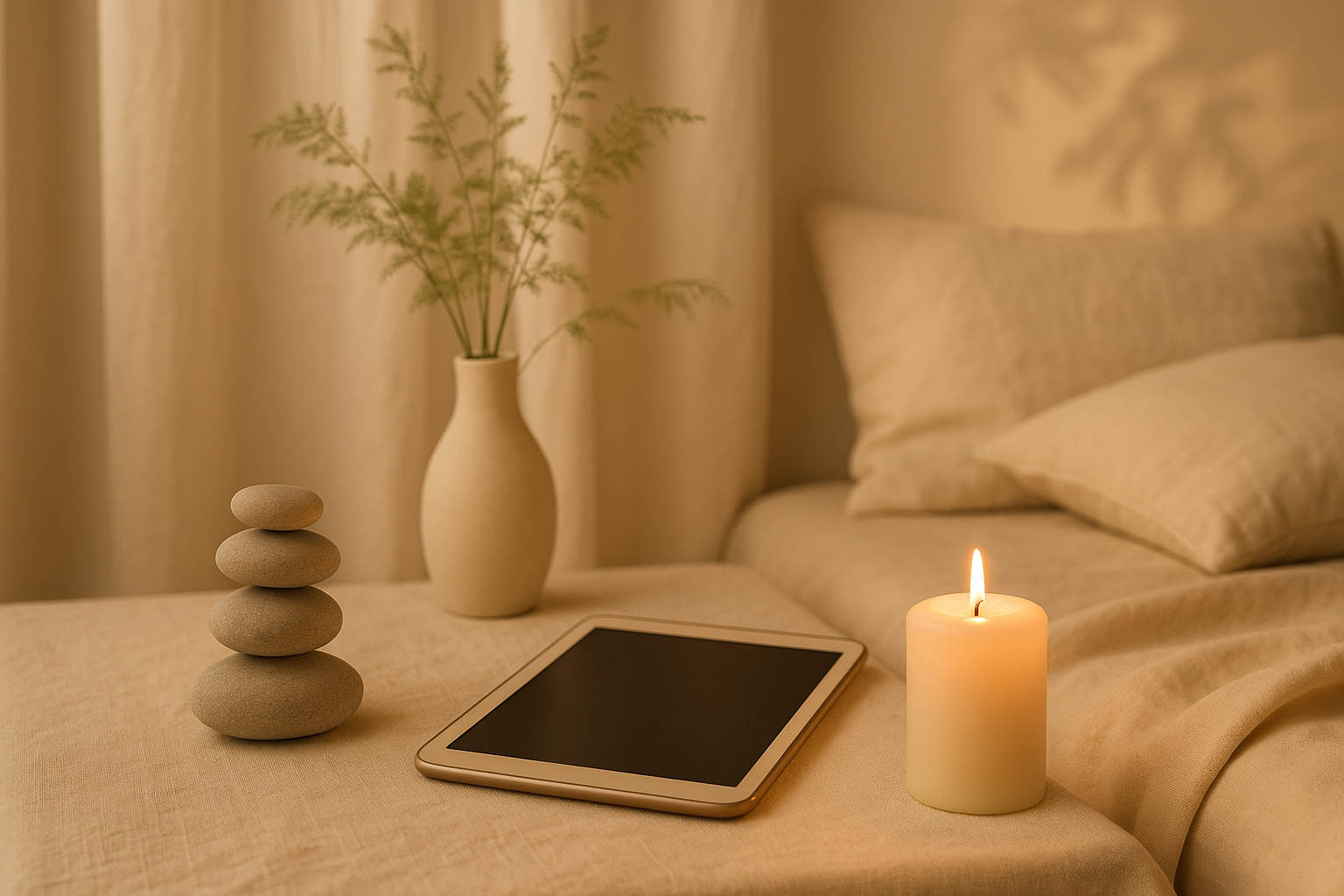 Een serene, luxe en vrouwelijke ruimte voor mentale reset en persoonlijke groei, met natuurlijke elementen zoals kaarslicht, gestapelde stenen, beige stoffen en planten